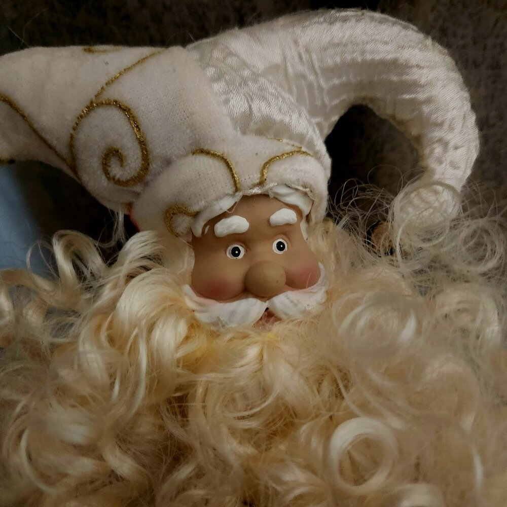 L8  Whimsical Santa pose or hang Lush Velour, Satin & Gold w/bells & gold balls